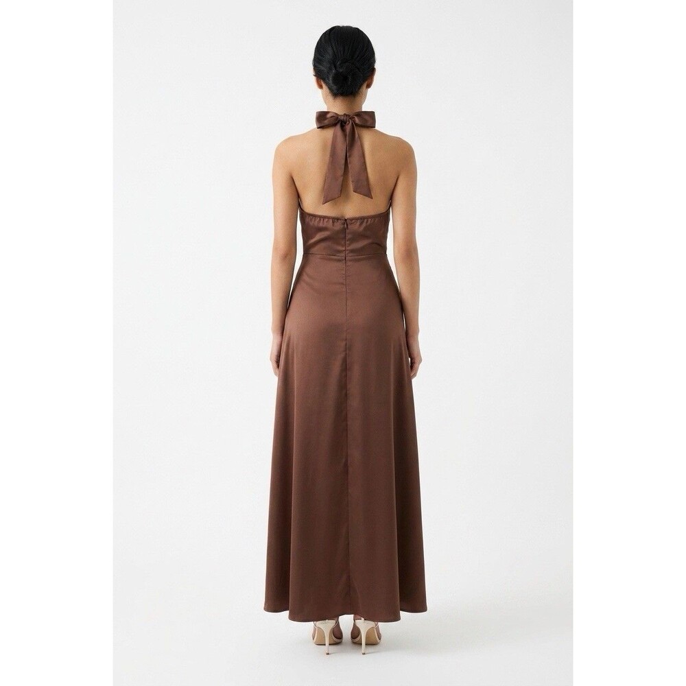 Petal & Pup Norva Bow Front Halter Satin Maxi Dress Chocolate Brown NWOT Sz 10 - Picture 2 of 16